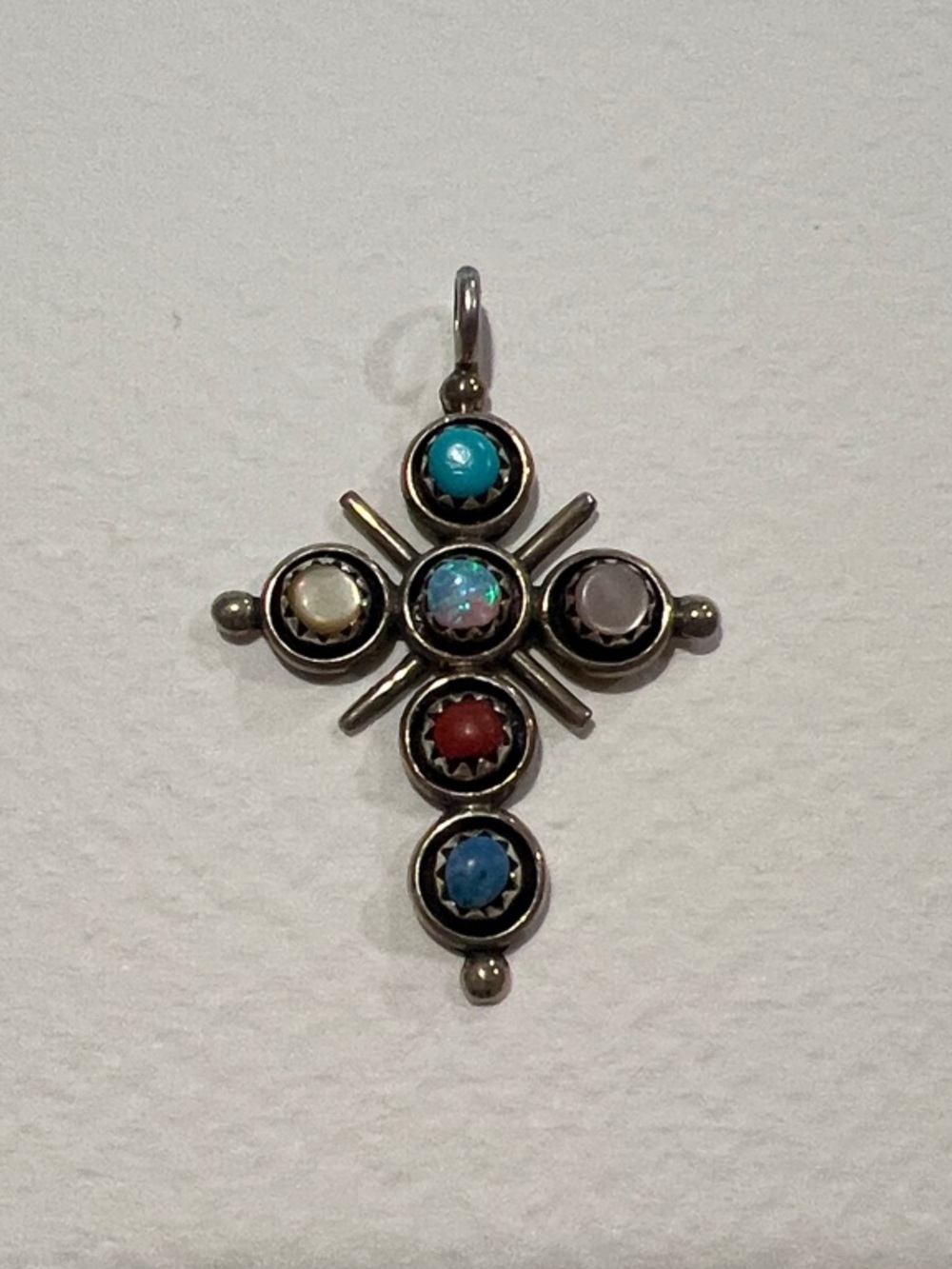 Sterling Silver Multi-Stone Cross Pendant - Turquoise, Red, Blue, Opal Accent - Picture 7 of 7